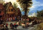 欧洲12-19世纪油画二_BRUEGHEL, Jan the Elder - A Village Street with the Holy Family Arriving at an Inn